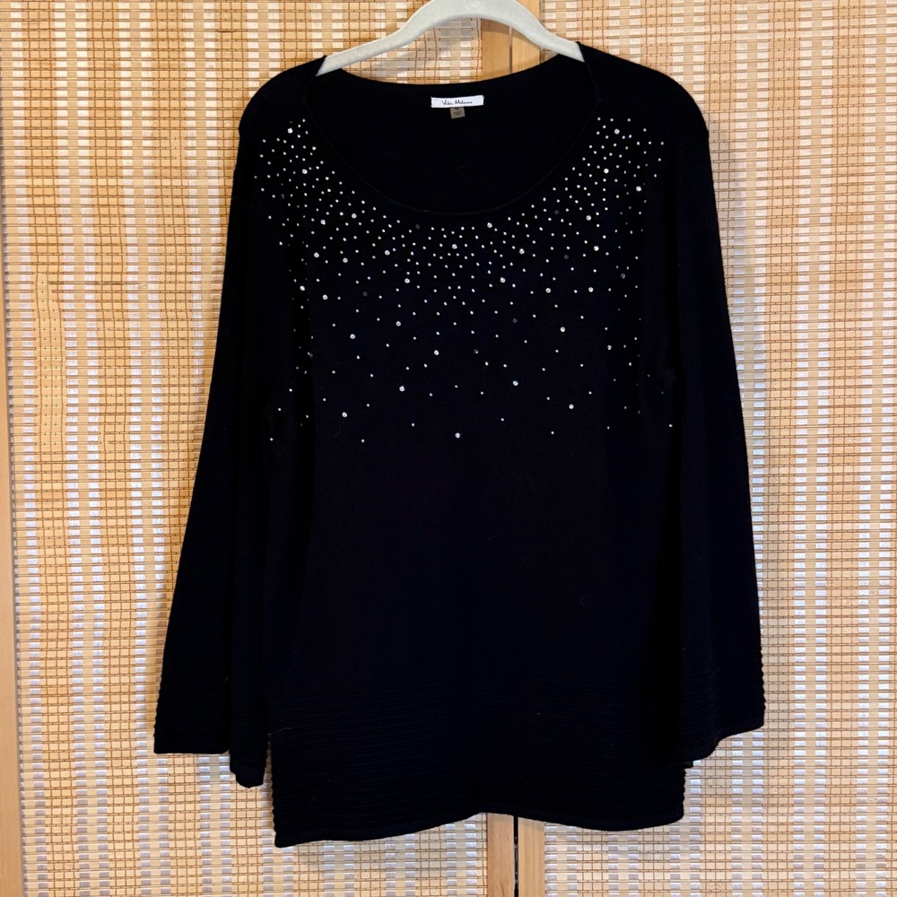 Vila Milano Womens Black Rhinestone Embellished Knit Sweater Size M Long Sleeve